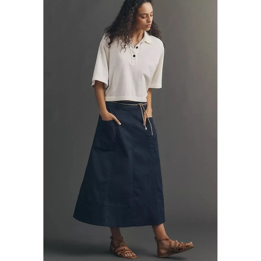 NWT Anthropologie Retro Western Flare Denim Midi Skirt Utility Womens XS Country